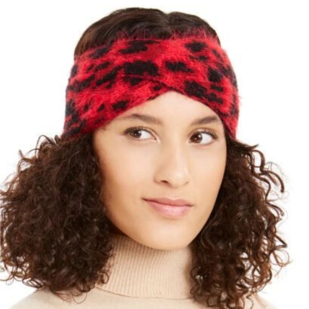 DKNY New Women Headband Red And Black Fuzzy Animal Print Stretch Head Band NWT